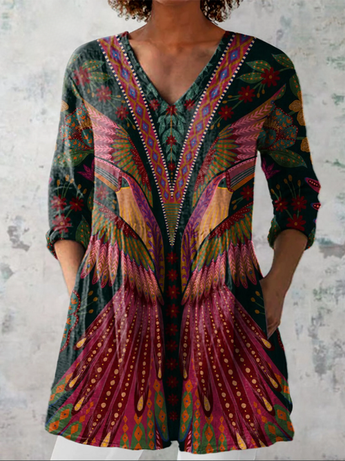 Manon - Blusa Alongada Decote V Estampa de Pássaros