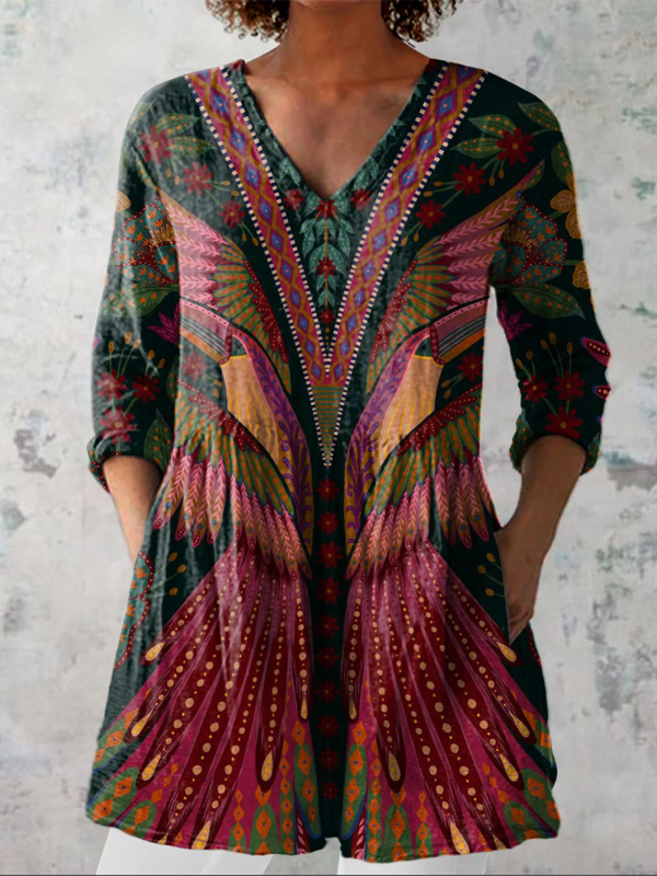 Manon - Blusa Alongada Decote V Estampa de Pássaros