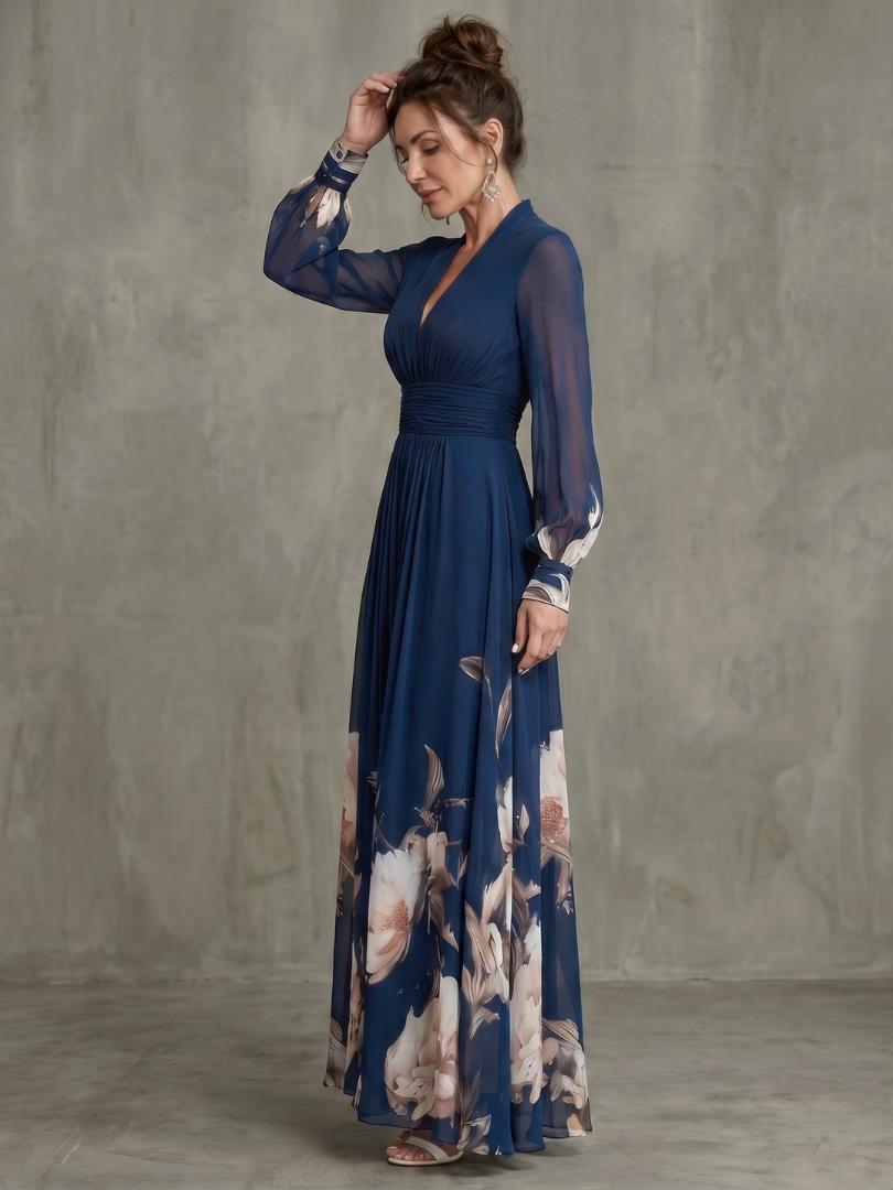 Ziva - Vestido Longo Plissado com Mangas Transparentes