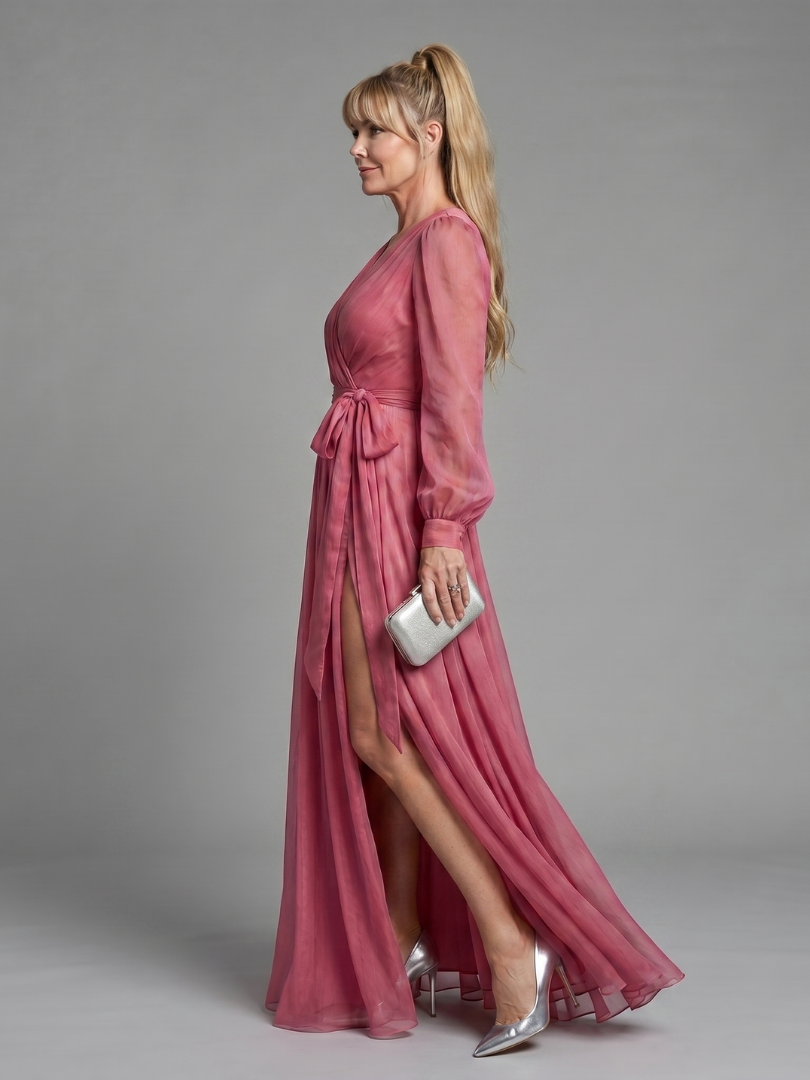 Meredith - Vestido Longo Envelope Fluido de Manga Longa