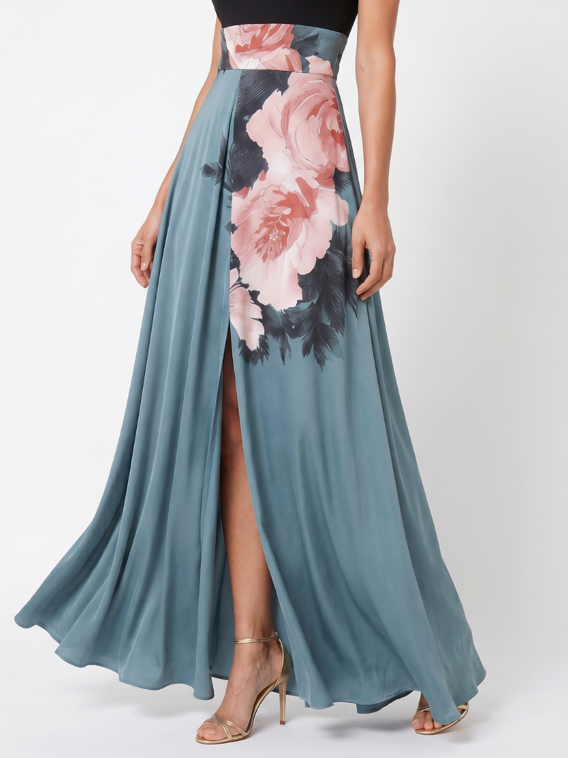 Olympas - Vestido Longo Frente Única com Saia Floral