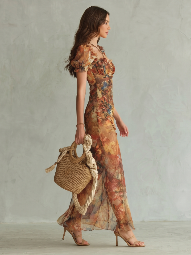 Ciel - Vestido Midi com Manga de Babado e Fenda