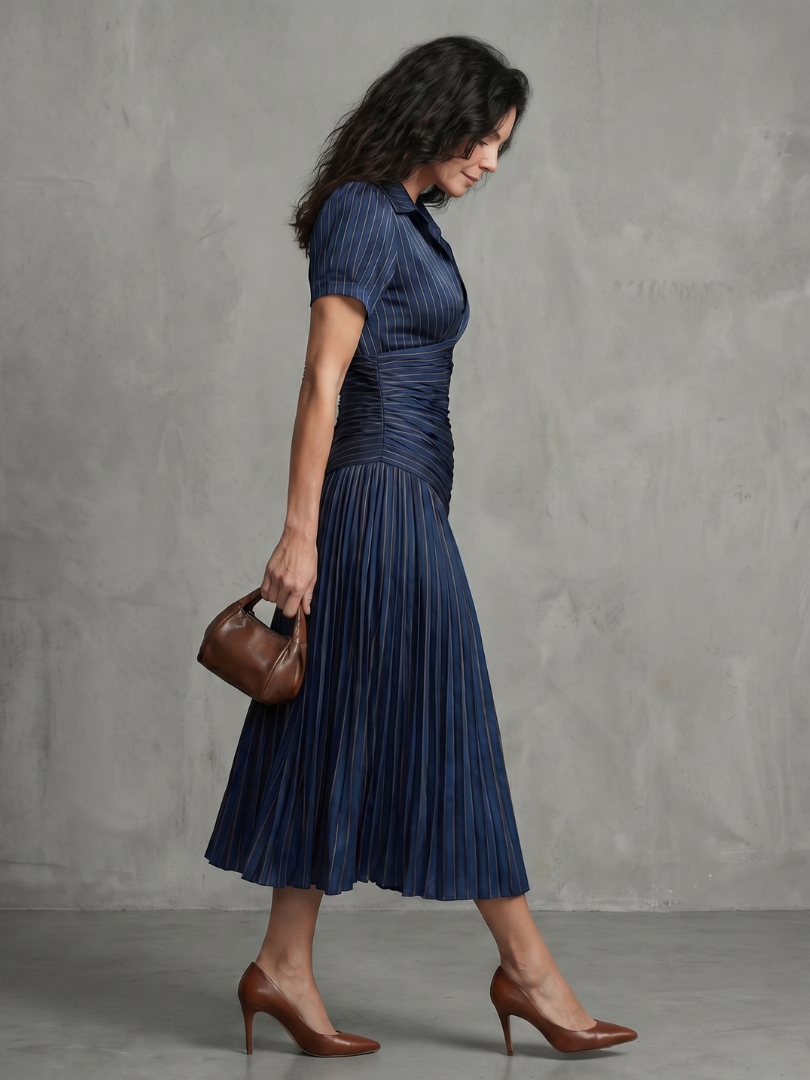 Theodora - Vestido Midi Listrado com Cintura Plissada