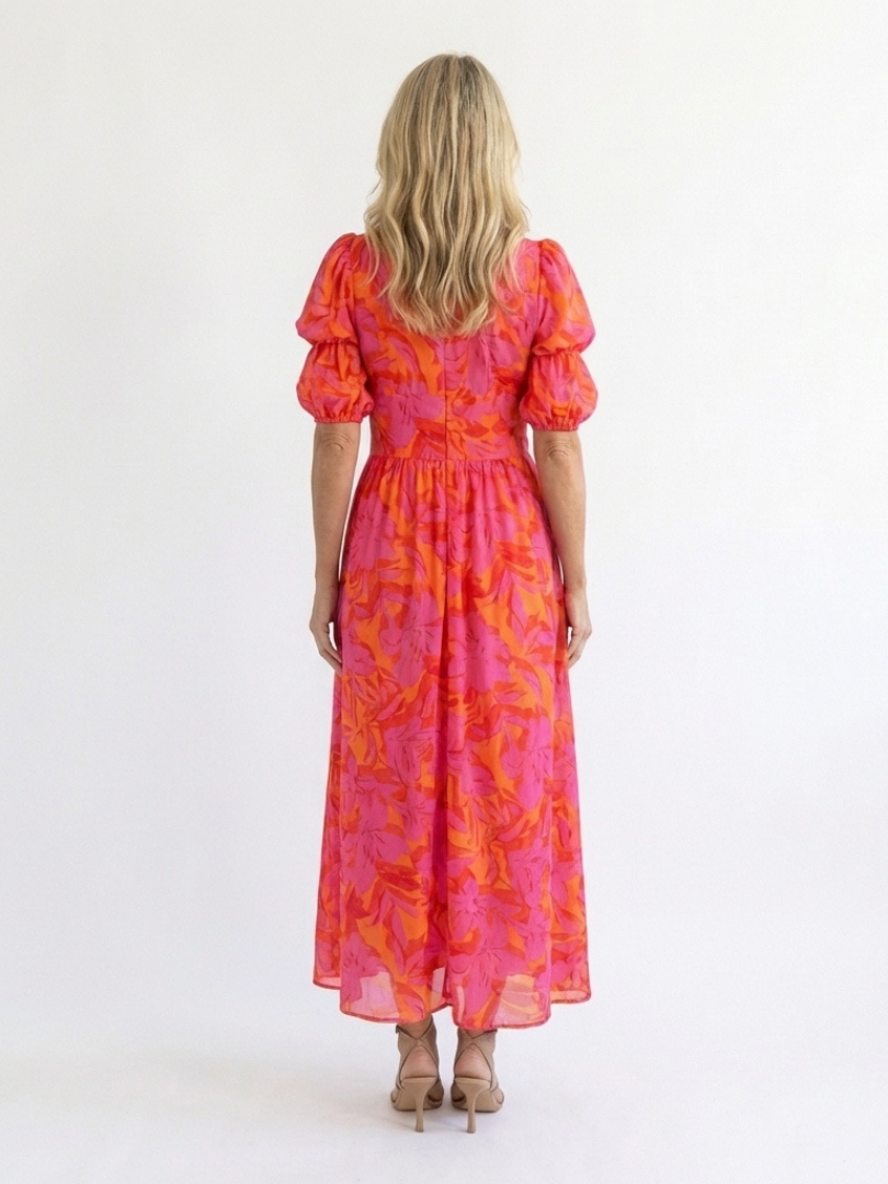 Raquel - Vestido Midi Floral com Decote V e Manga Bufante