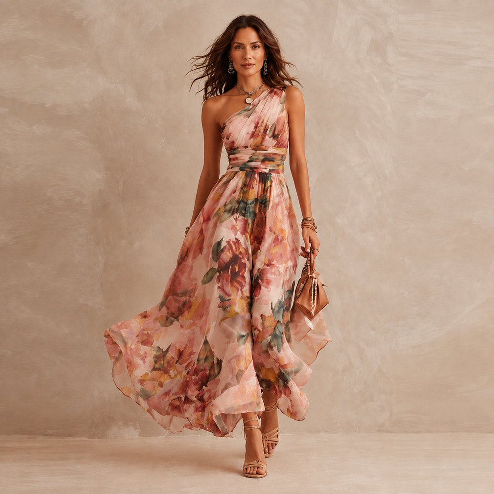 Celeste - Vestido Longo Floral de Um Ombro Só