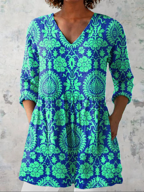Ines - Blusa Alongada Decote V Estampa Damasco