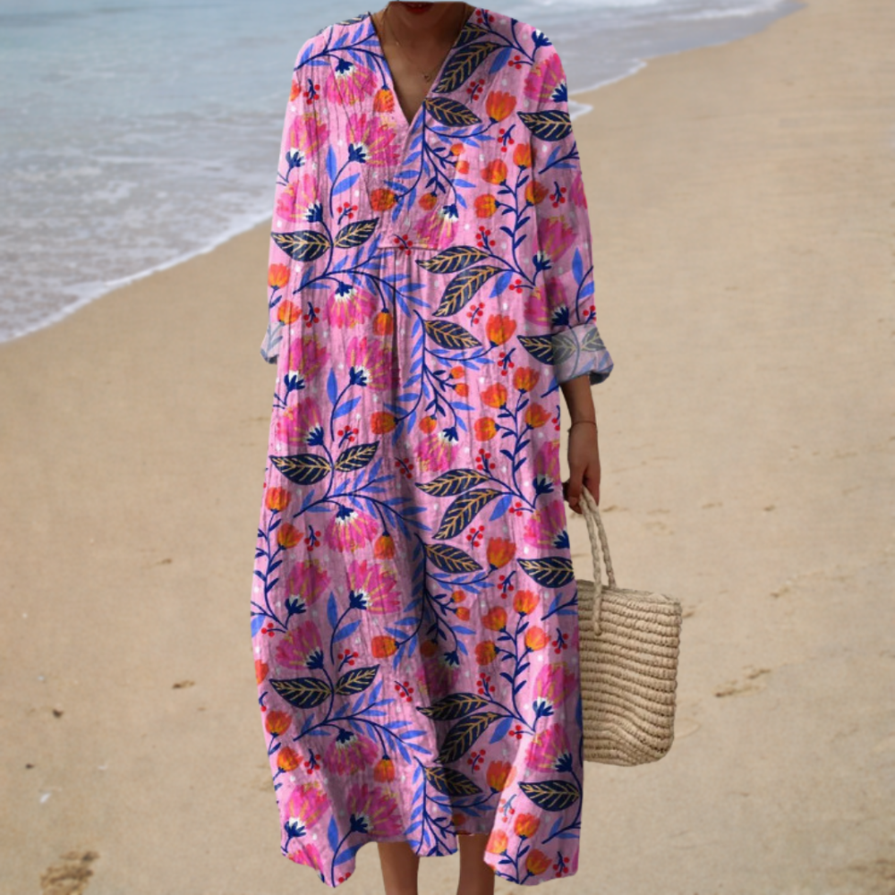 Aurora - Vestido Longo Floral com Gola V e Manga Longa