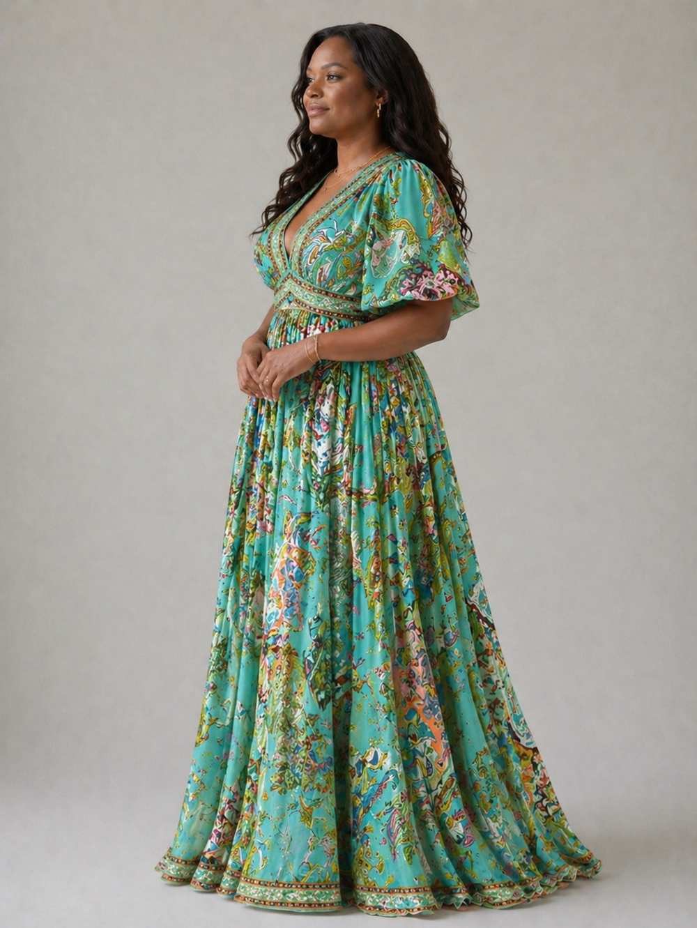 Alana - Vestido Longo Leve com Mangas Bufantes e Decote V