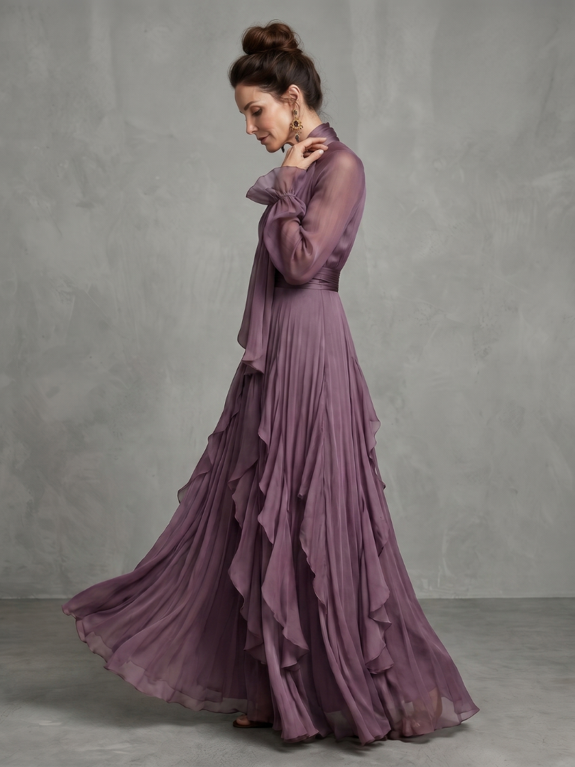 Demetria - Vestido Longo em Camadas com Babados e Laço