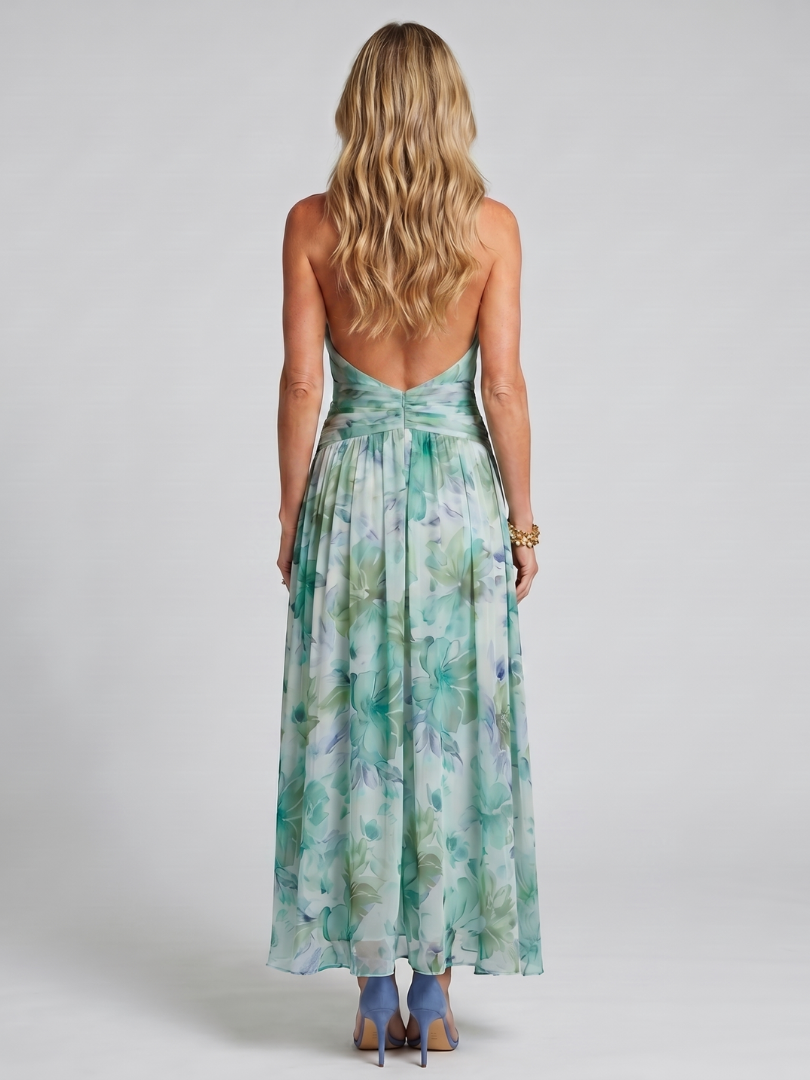 Portia - Vestido Midi Plissado Frente Única com Floral Suave