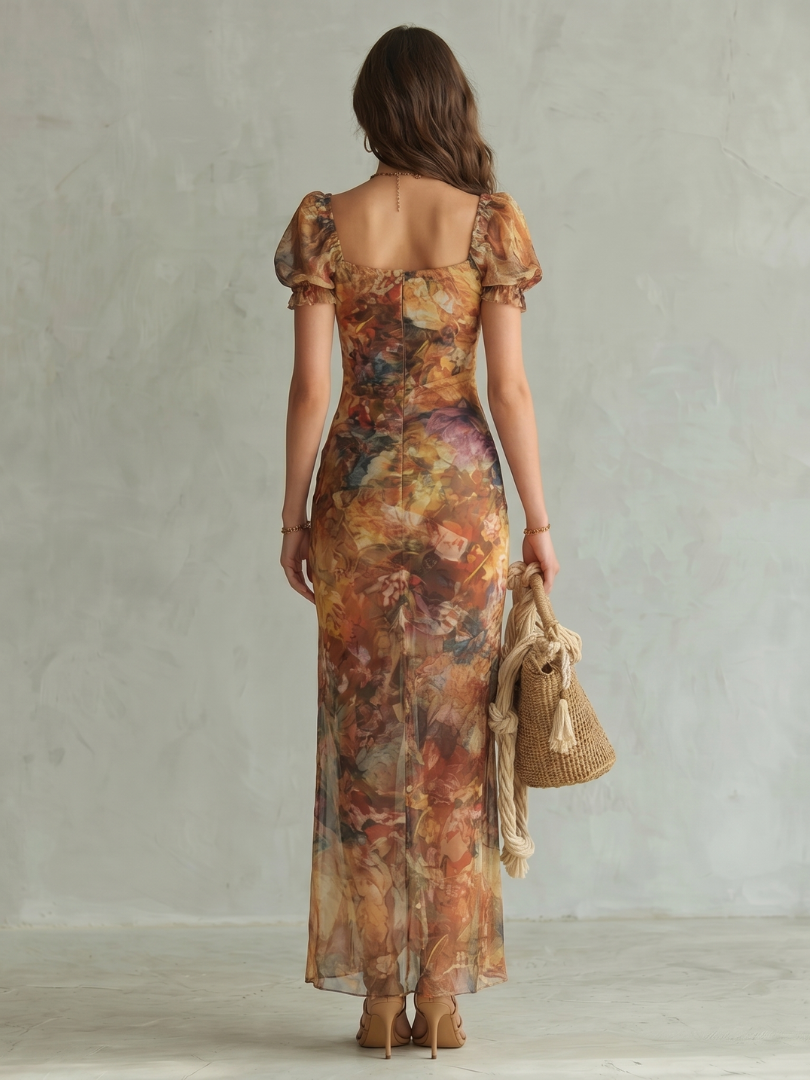 Ciel - Vestido Midi com Manga de Babado e Fenda