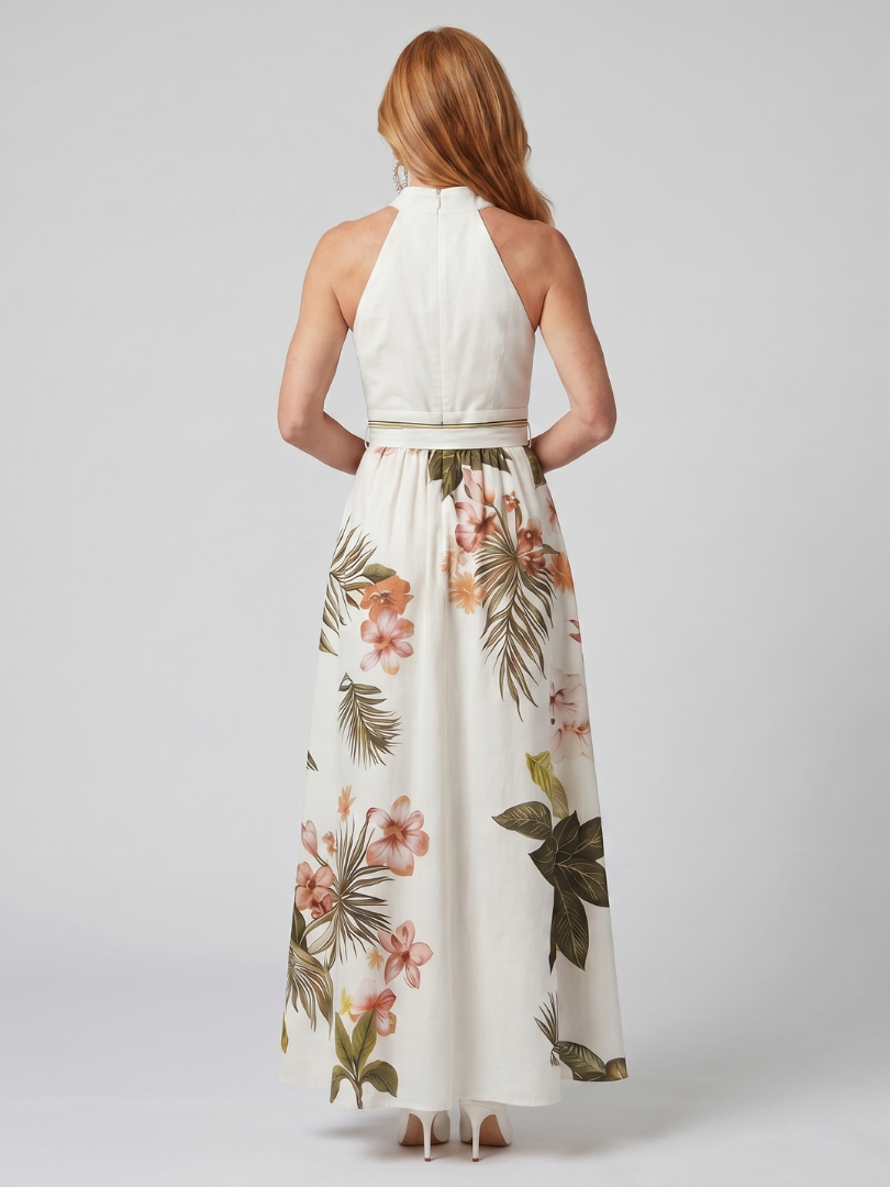 Meadow - Vestido Longo Frente Única Drapeado com Estampa Botânica