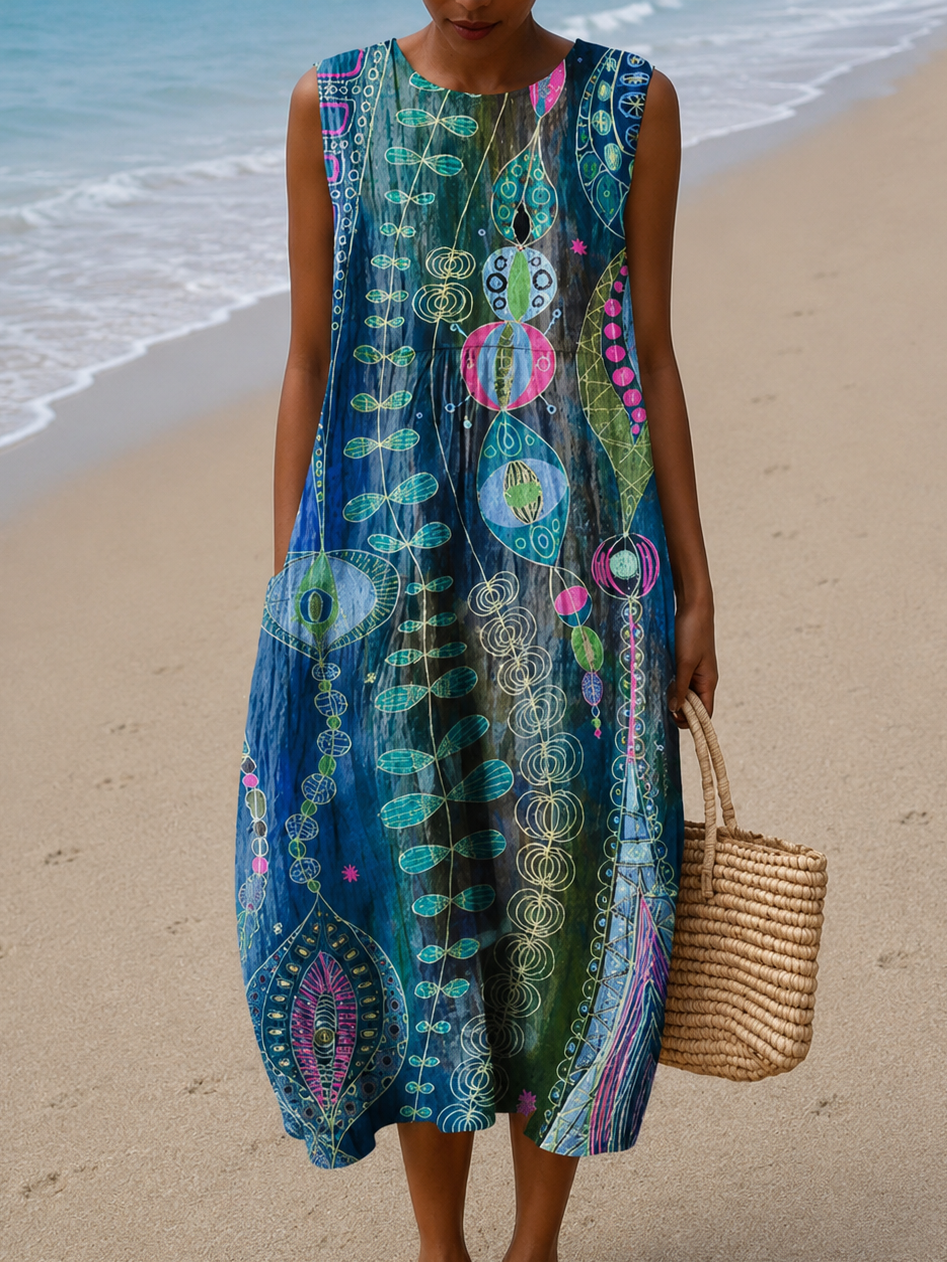 Anna - Vestido Midi de Praia Estampado Sem Mangas