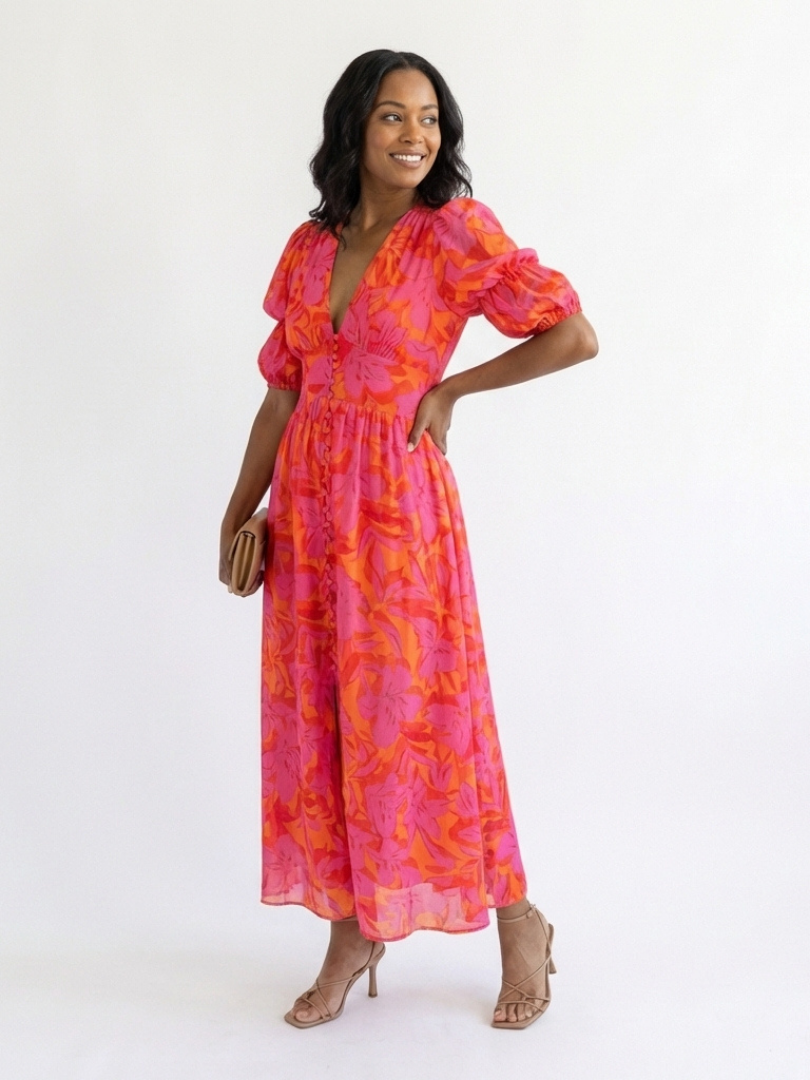 Carla - Vestido Midi Floral com Decote V e Manga Bufante