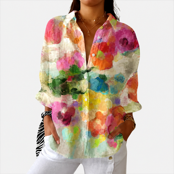 Rafaela - Blusa com Flores Aquareladas e Manga Longa