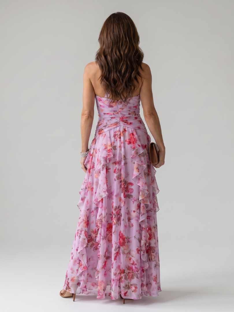 Nori - Vestido Longo Floral Frente Única com Busto Franzido