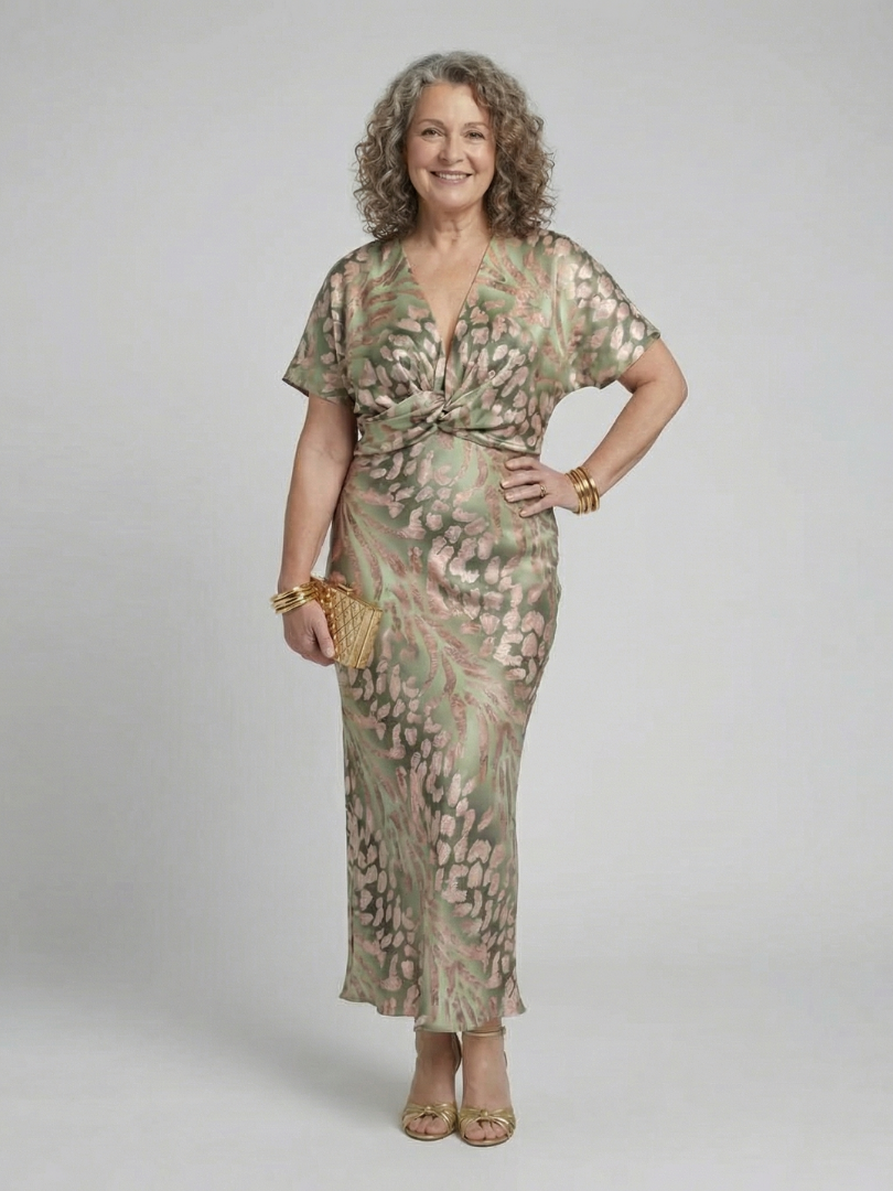 Aline - Vestido Midi Estampado com Decote V e Cintura Torcida