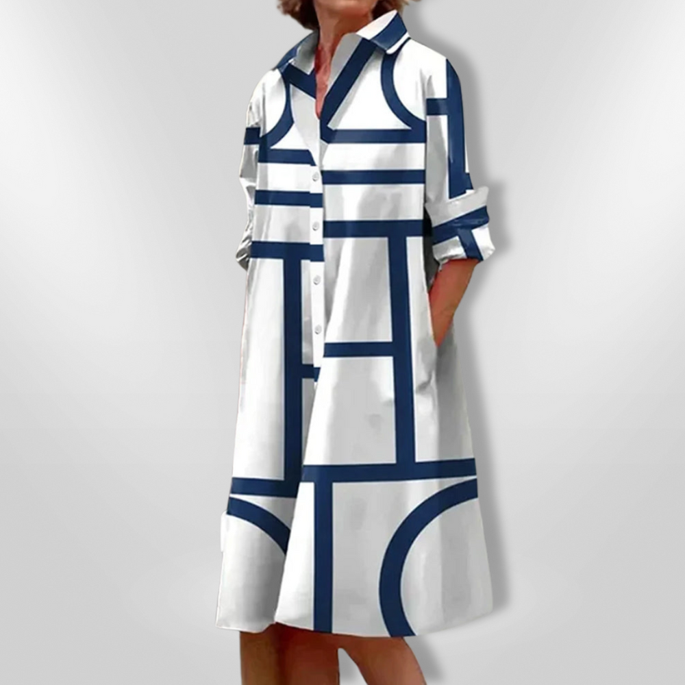 Genesis - Vestido Midi Chemise Estampa Geométrica com Bolsos
