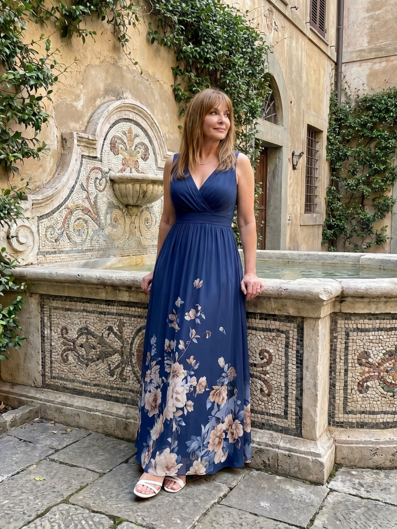 Clarissa - Vestido Midi Sem Mangas com Decote V e Barra Floral