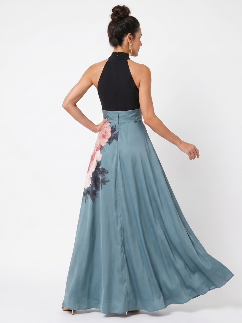 Olympas - Vestido Longo Frente Única com Saia Floral