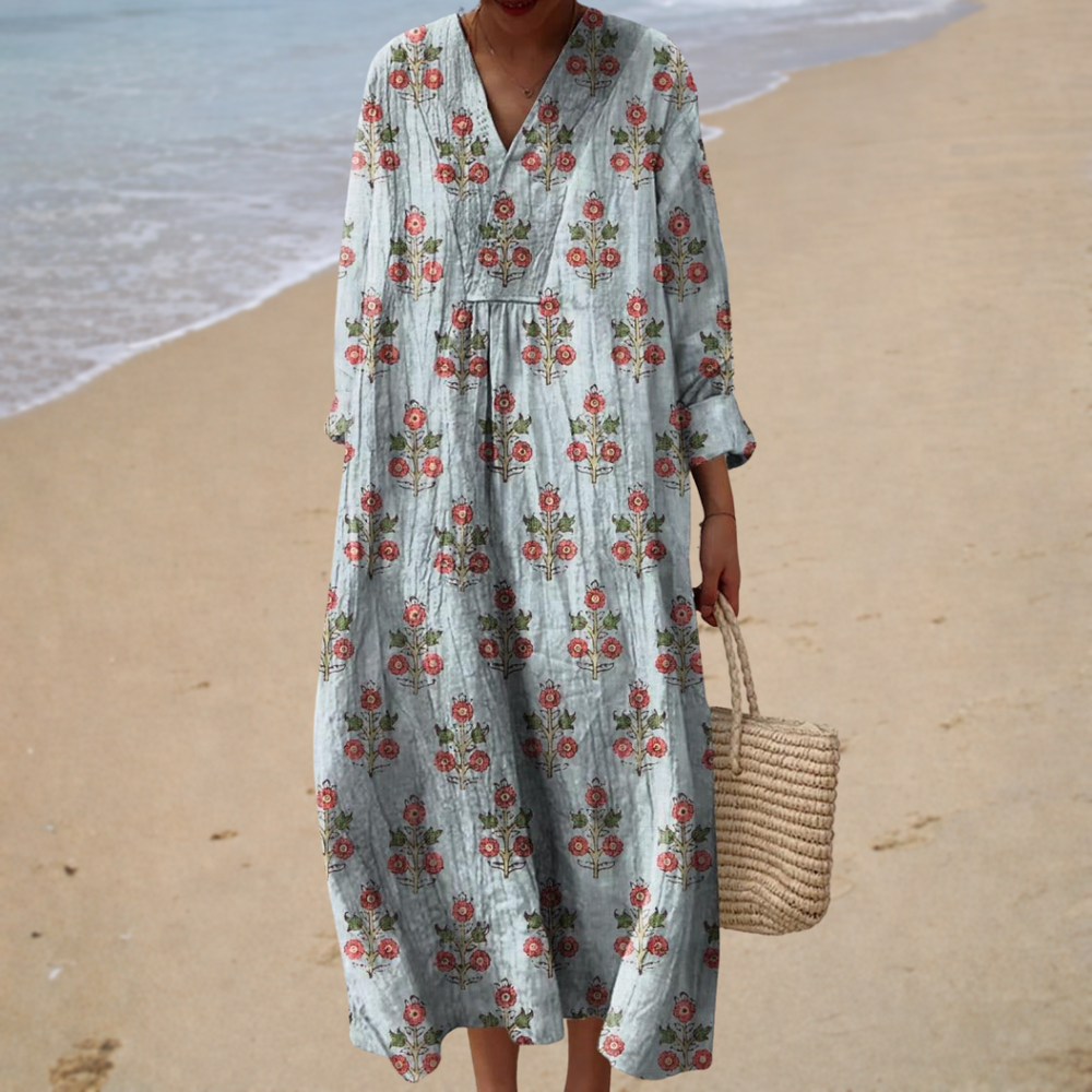 Celina - Vestido Longo Floral com Decote V e Manga Longa