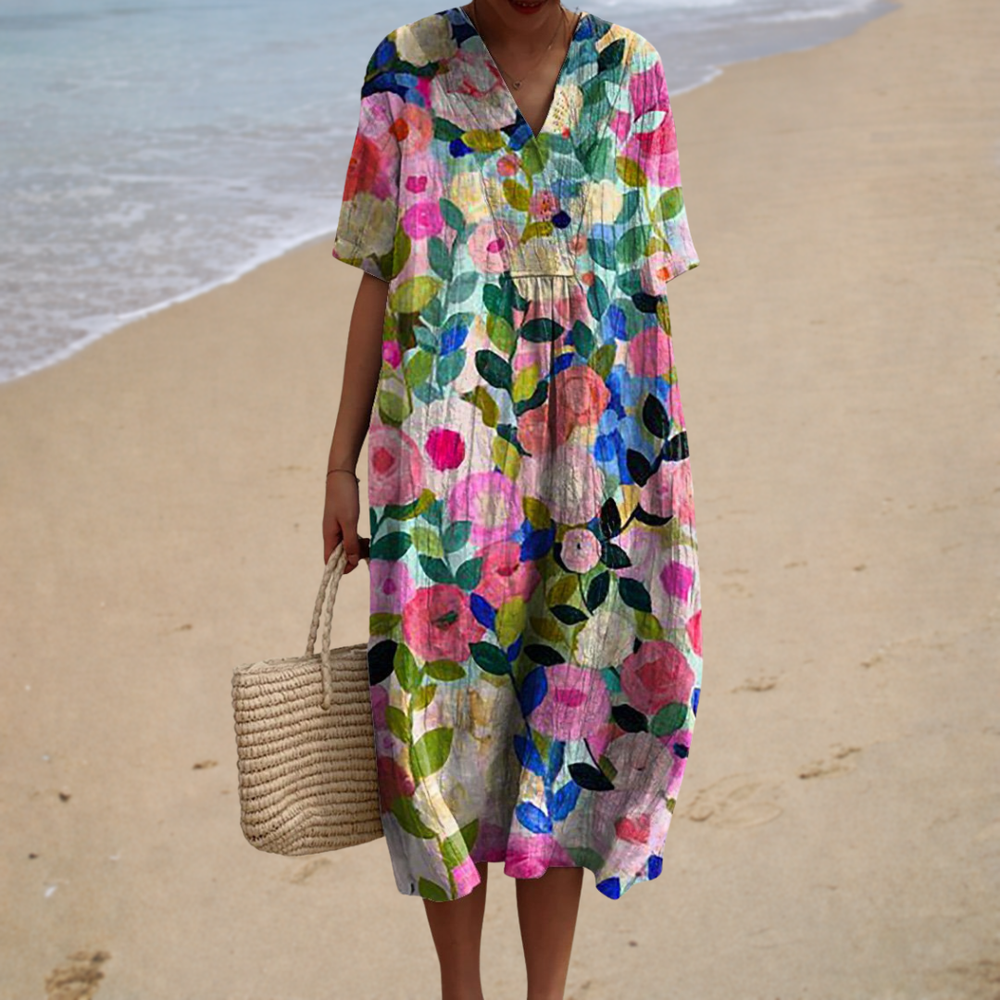 Heloísa - Vestido Midi Floral com Decote V e Manga Curta