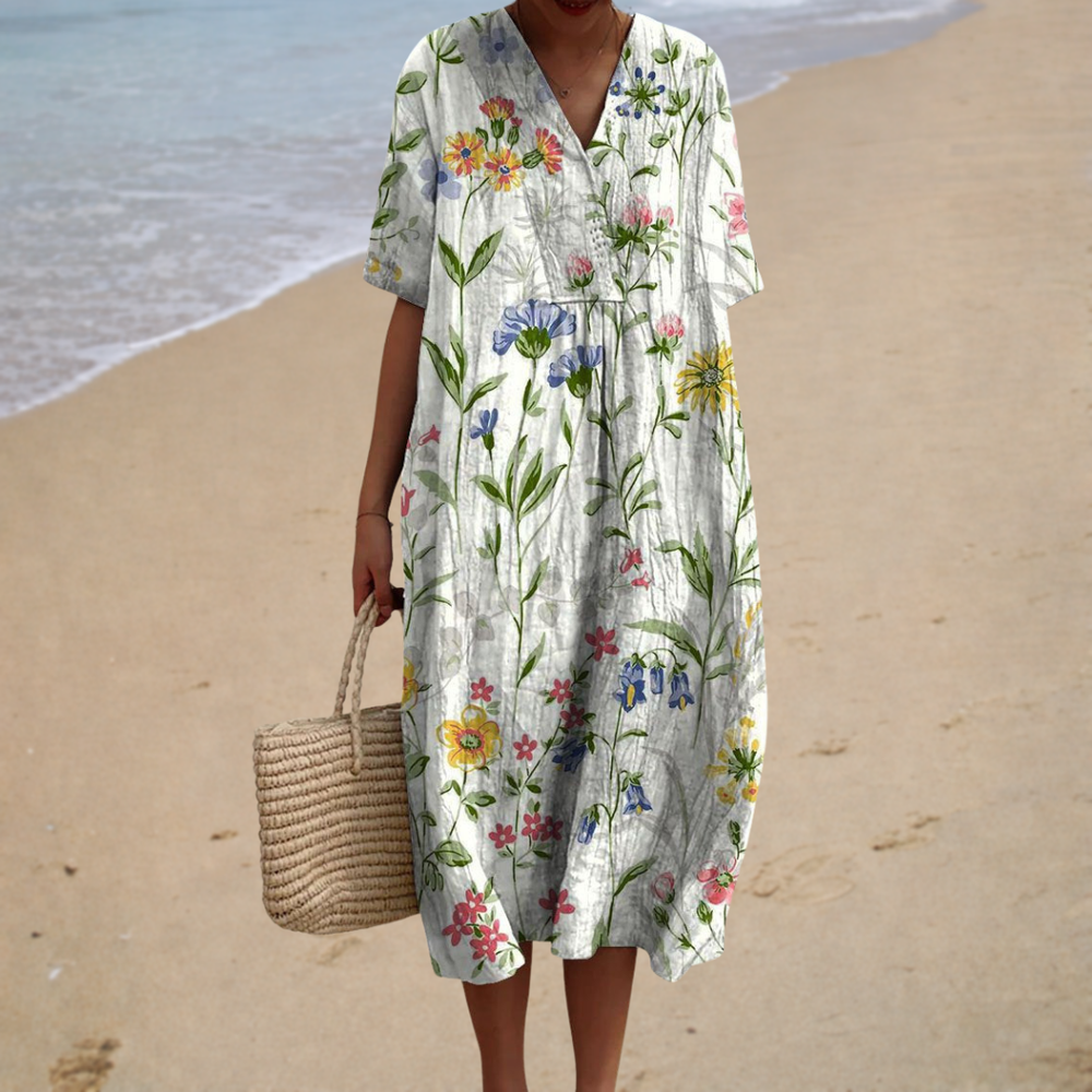 Francisca - Vestido Midi com Flores do Campo e Manga Curta
