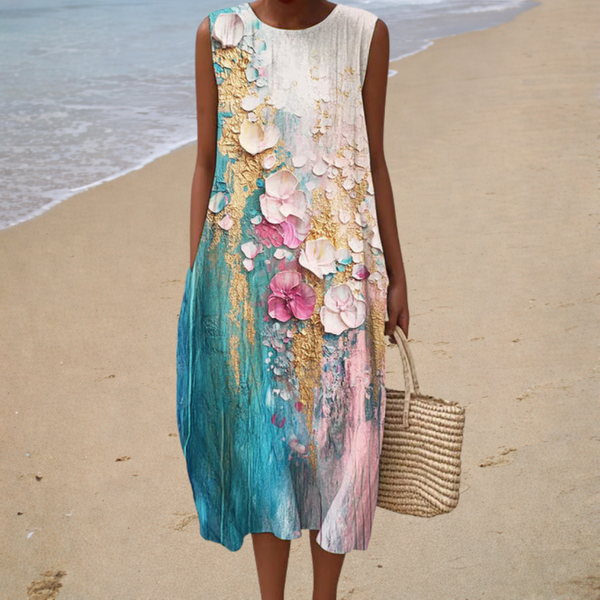 Isabel - Vestido Midi Sem Manga com Estampa de Pintura Floral