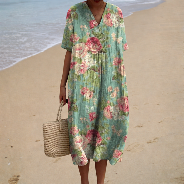 Elaine - Vestido Midi com Floral Romântico e Manga Curta