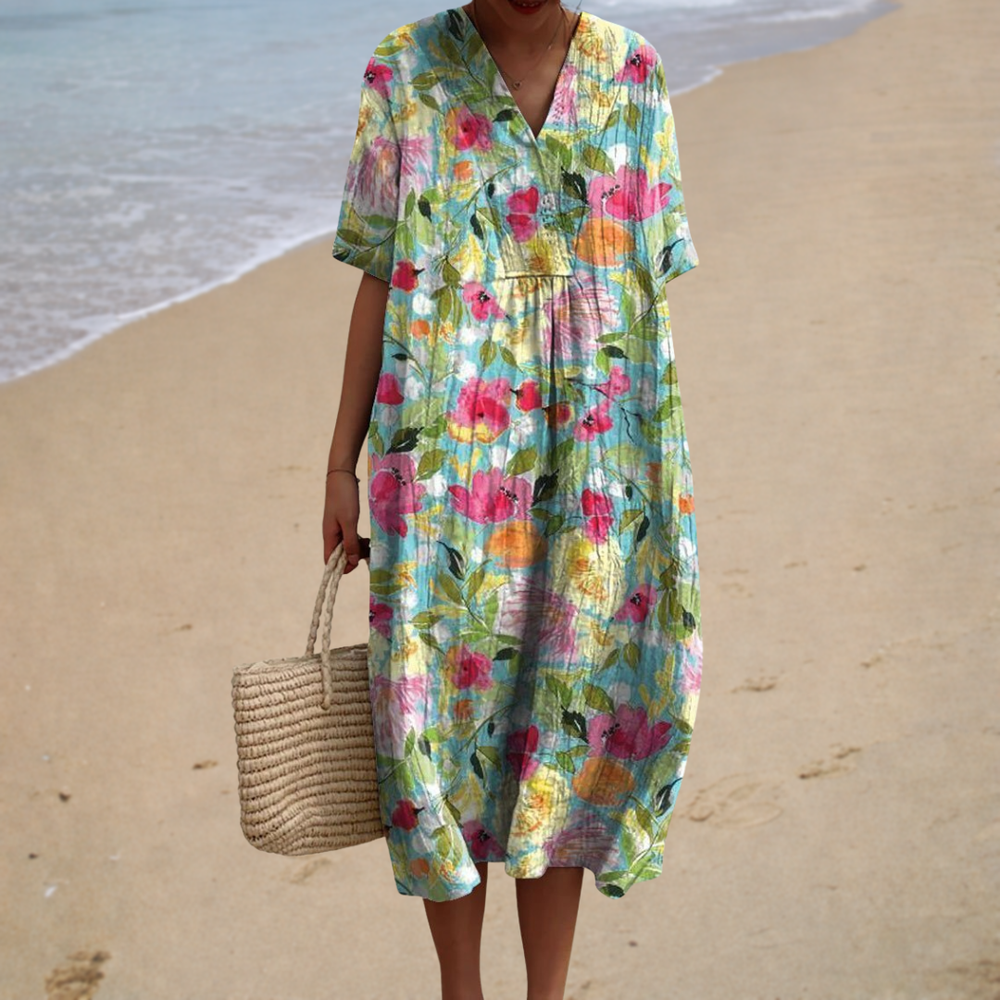 Emanuela - Vestido Midi com Floral Aquarelado e Manga Curta