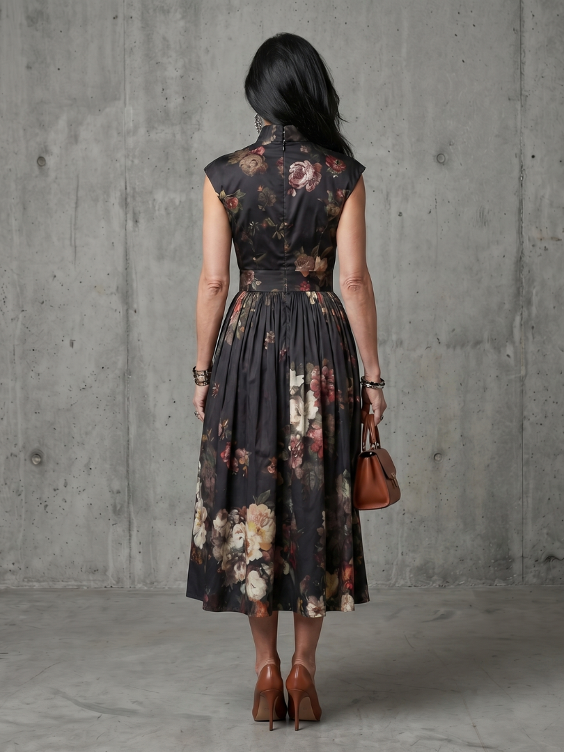 Greta - Vestido Midi Floral Plissado com Gola Alta