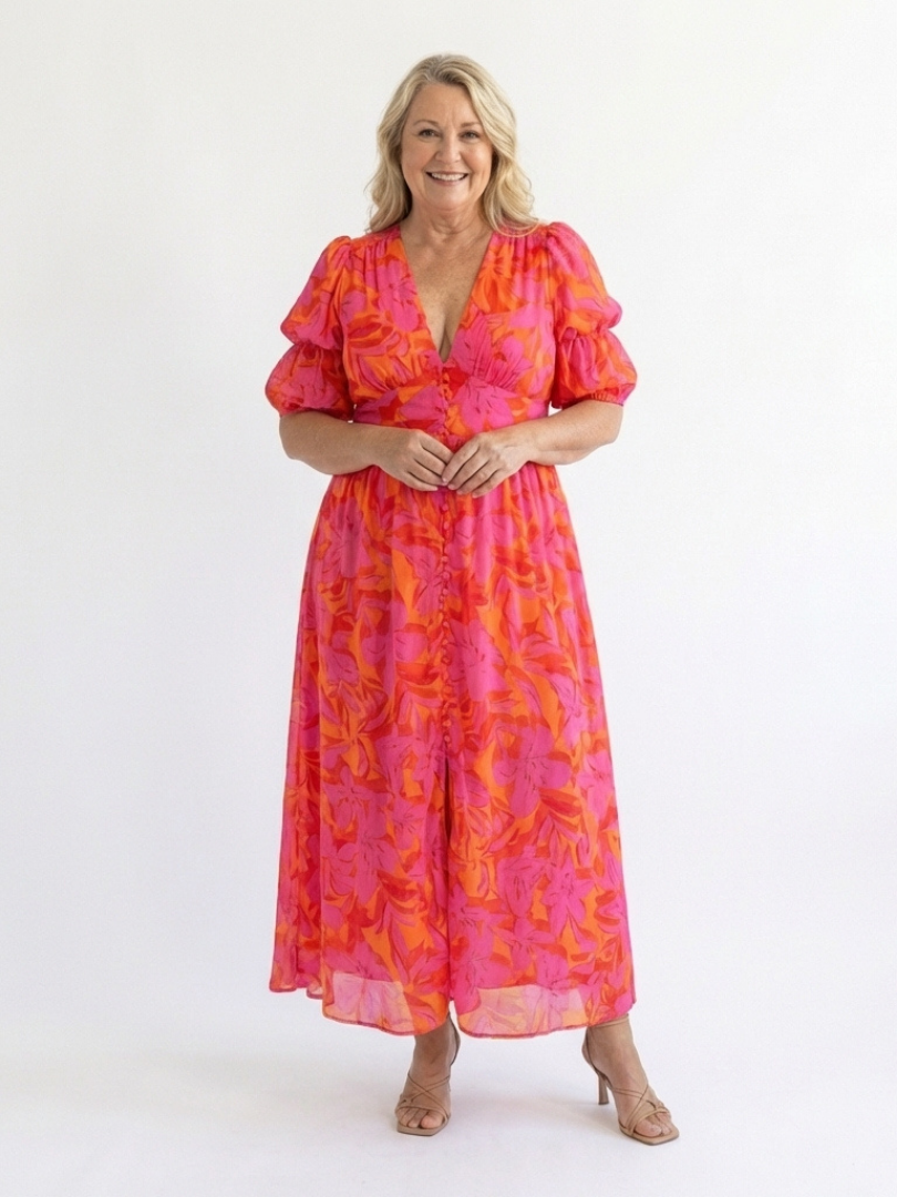 Carla - Vestido Midi Floral com Decote V e Manga Bufante