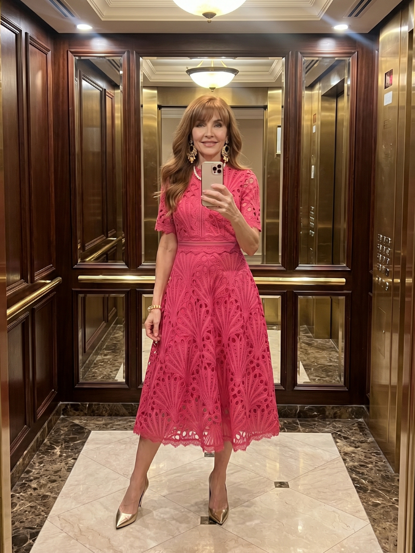 Juno - Vestido Midi de Laise com Manga Curta e Cintura Marcada