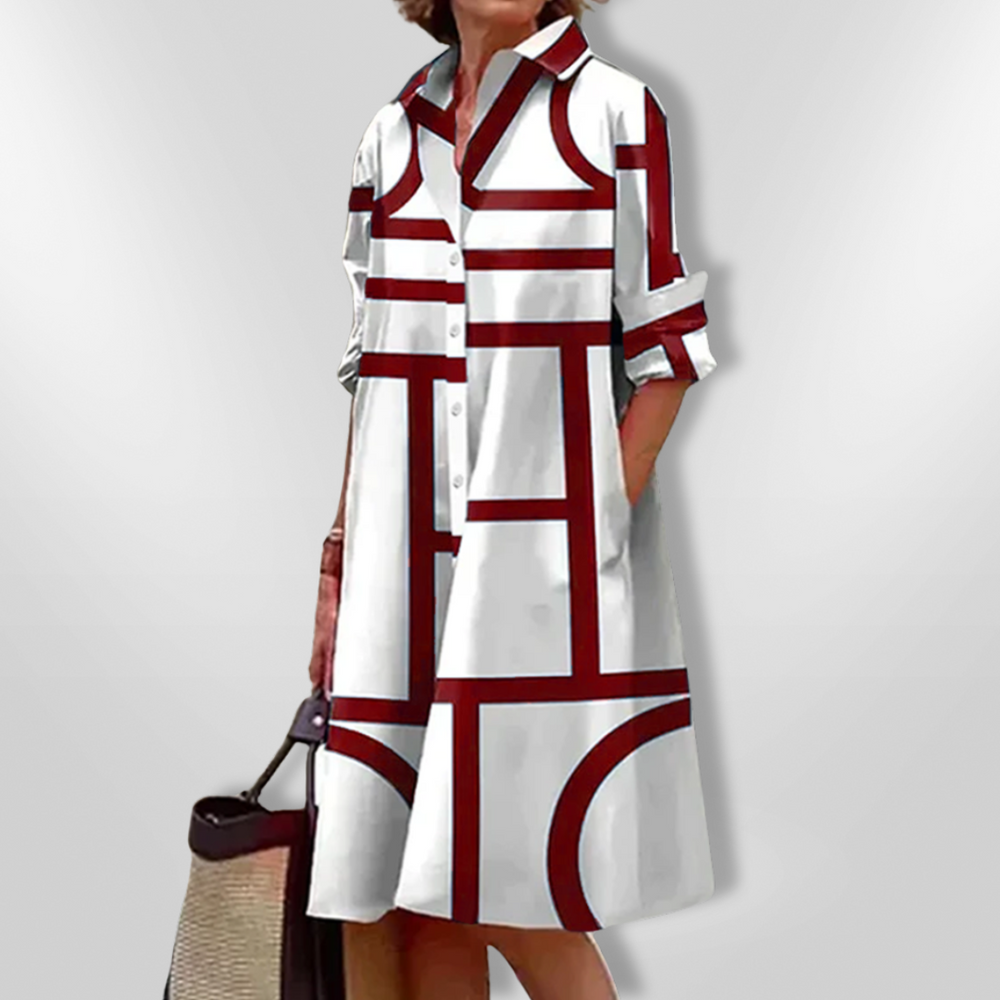 Genesis - Vestido Midi Chemise Estampa Geométrica com Bolsos