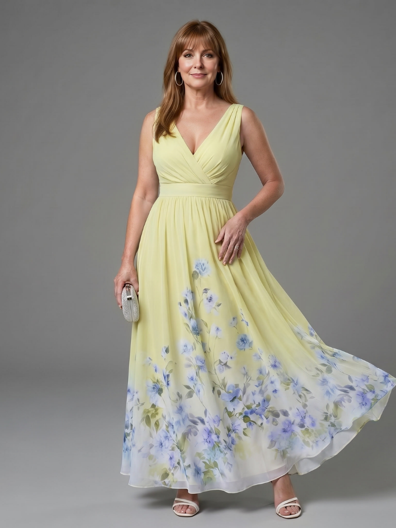 Clarissa - Vestido Midi Sem Mangas com Decote V e Barra Floral