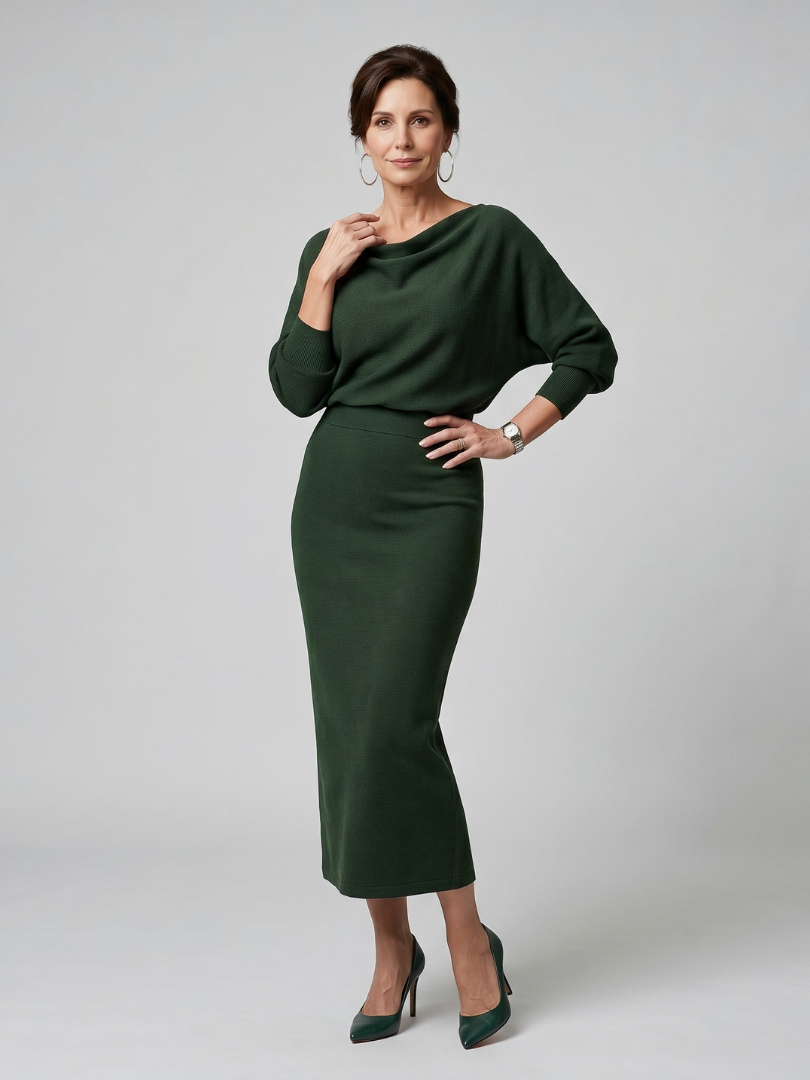 Romy - Vestido Midi com Decote Drapeado e Saia Ajustada