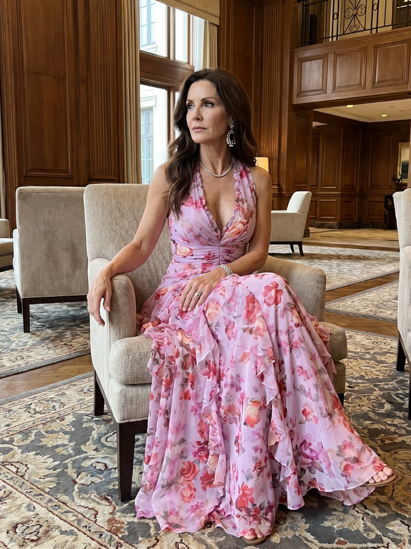 Nori - Vestido Longo Floral Frente Única com Busto Franzido