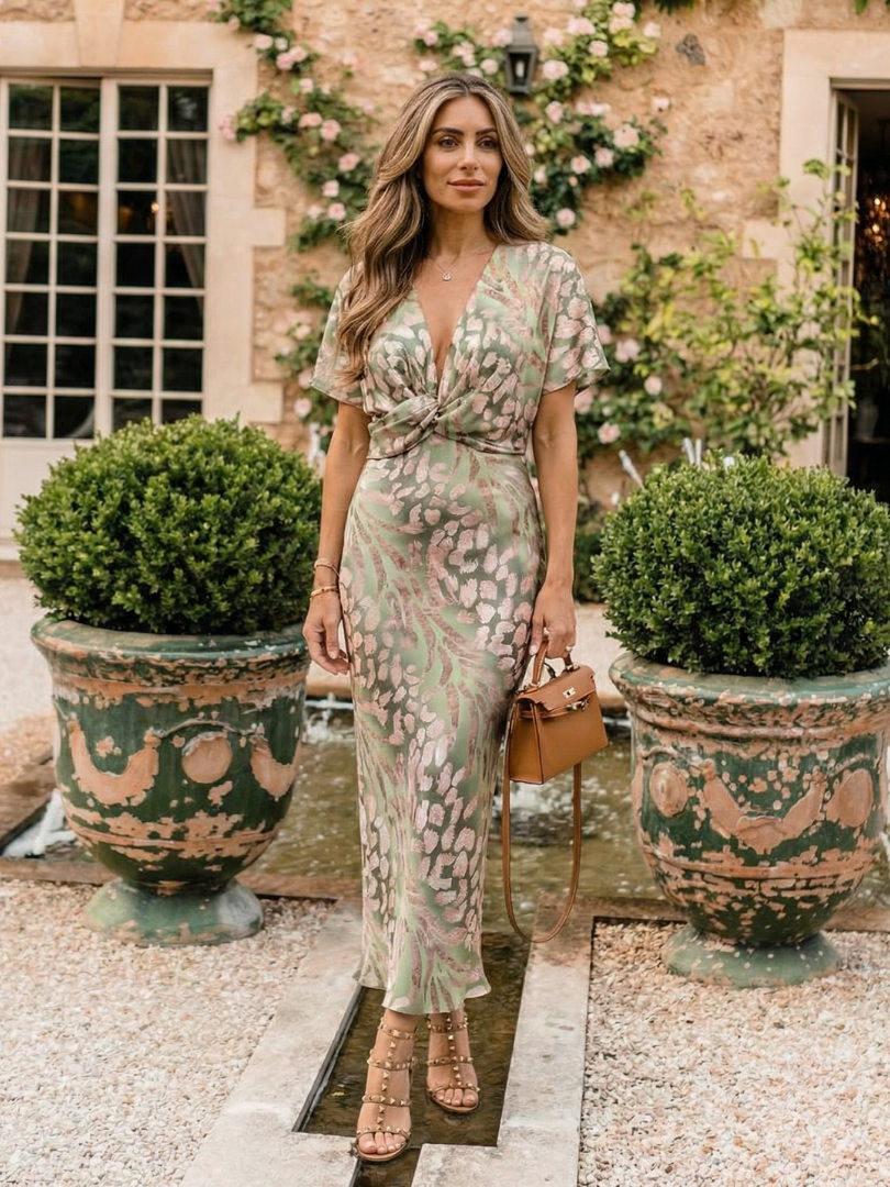 Aline - Vestido Midi Estampado com Decote V e Cintura Torcida