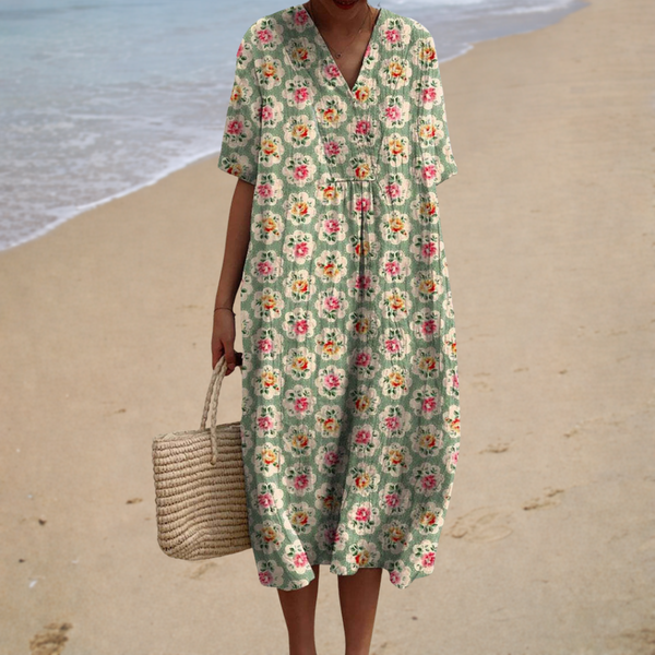 Bárbara - Vestido Midi Floral com Gola V e Manga Curta