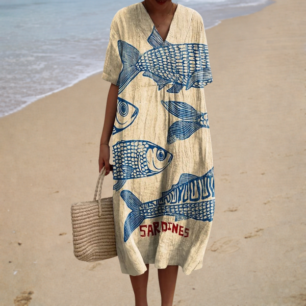 Estela - Vestido Midi com Estampa de Sardinhas e Decote V