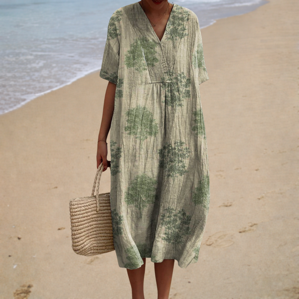Alana - Vestido Midi Gola V com Estampa de Árvores