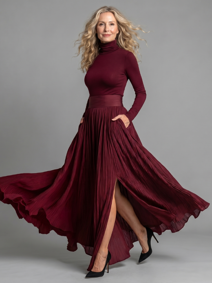 Lana - Vestido Midi de Manga Longa com Gola Alta e Cintura Marcada