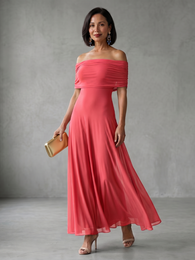 June - Vestido Midi Ombro a Ombro Drapeado