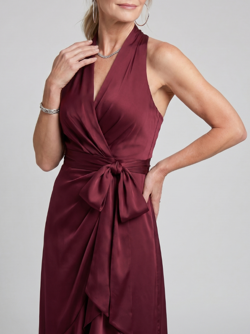 Honora - Vestido Midi Frente Única Envelope com Barra Assimétrica