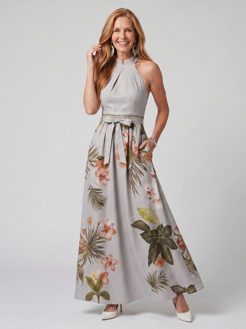 Meadow - Vestido Longo Frente Única Drapeado com Estampa Botânica
