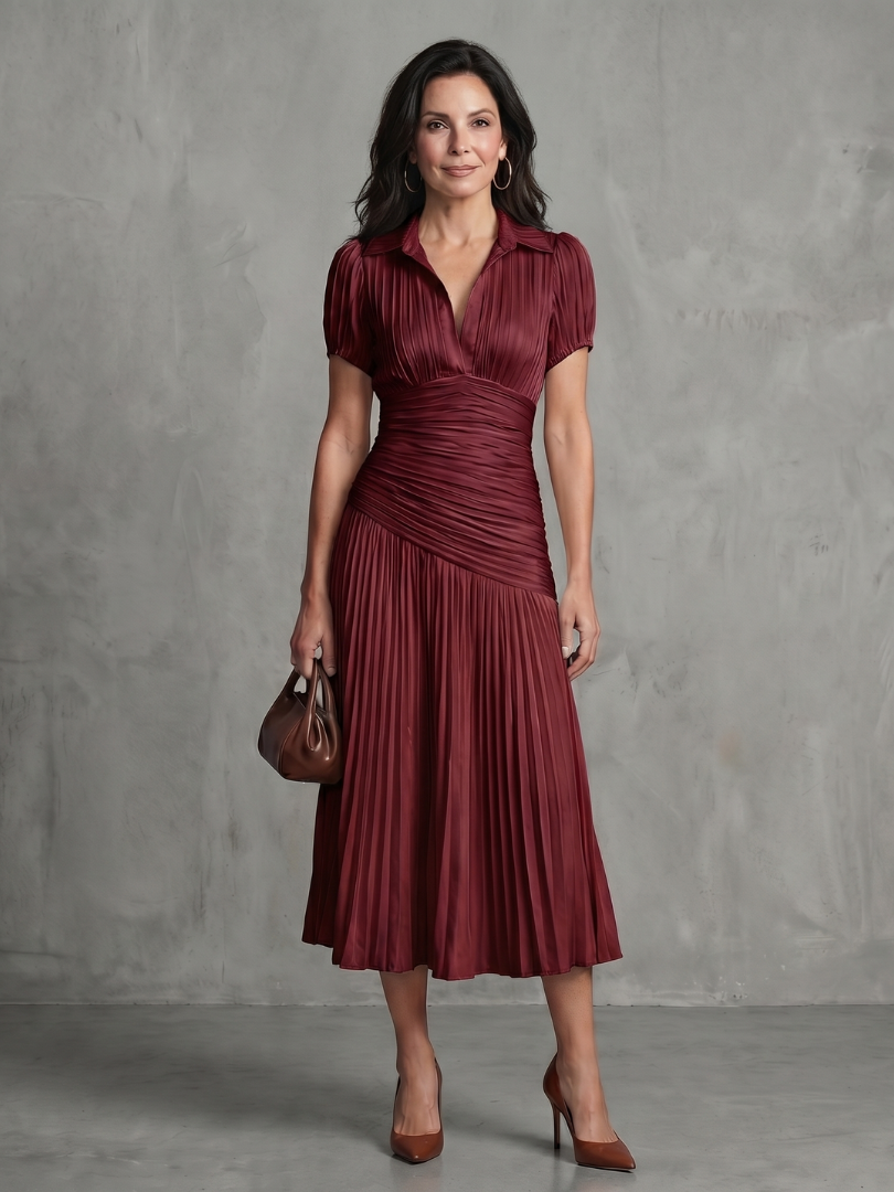 Andressa - Vestido Midi Listrado com Cintura Plissada