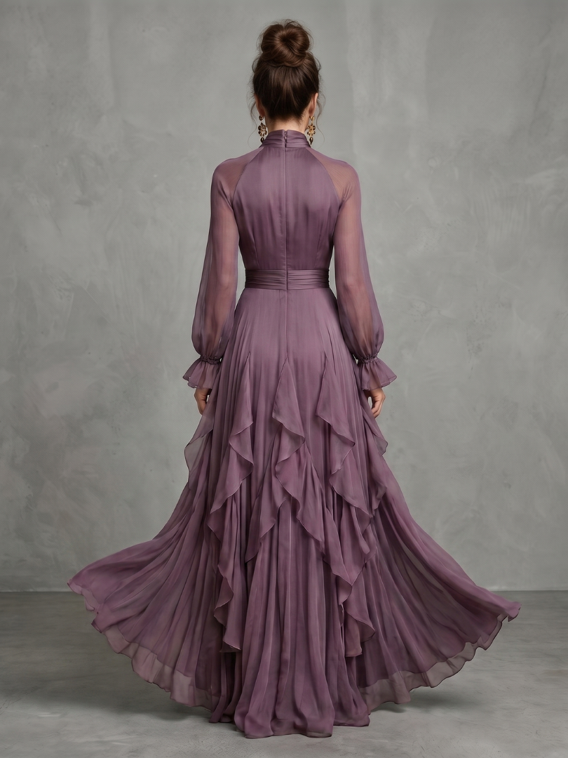 Demetria - Vestido Longo em Camadas com Babados e Laço