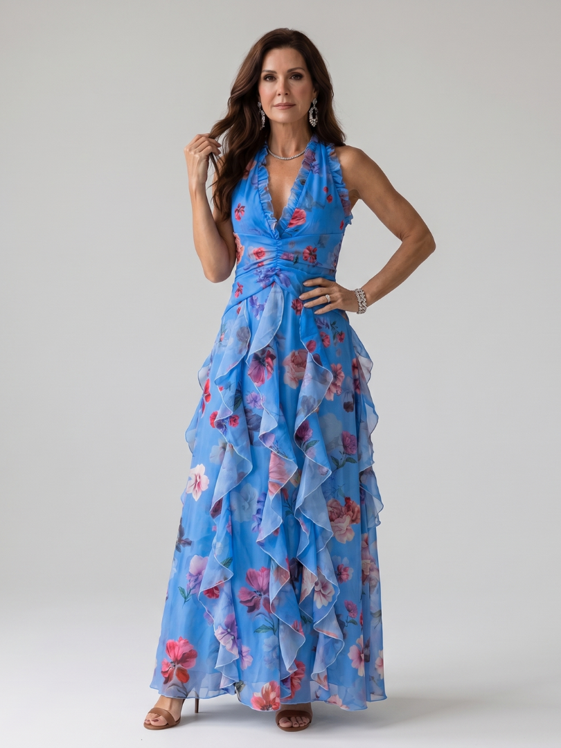 Nori - Vestido Longo Floral Frente Única com Busto Franzido