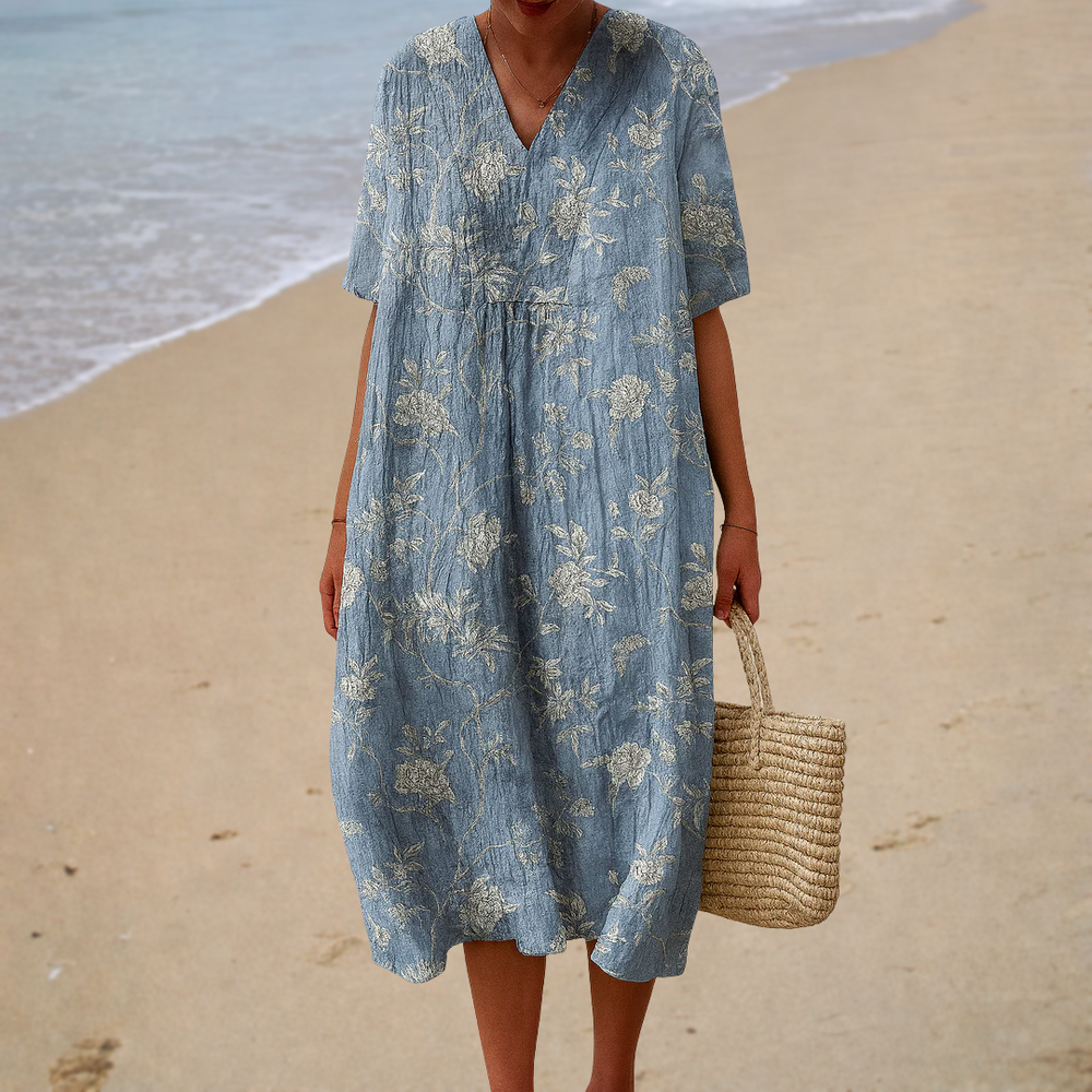 Lara - Vestido Midi Floral Tom sobre Tom com Decote V