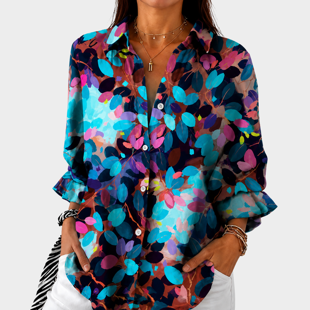 Micaela - Blusa com Estampa de Folhas e Punho Franzido